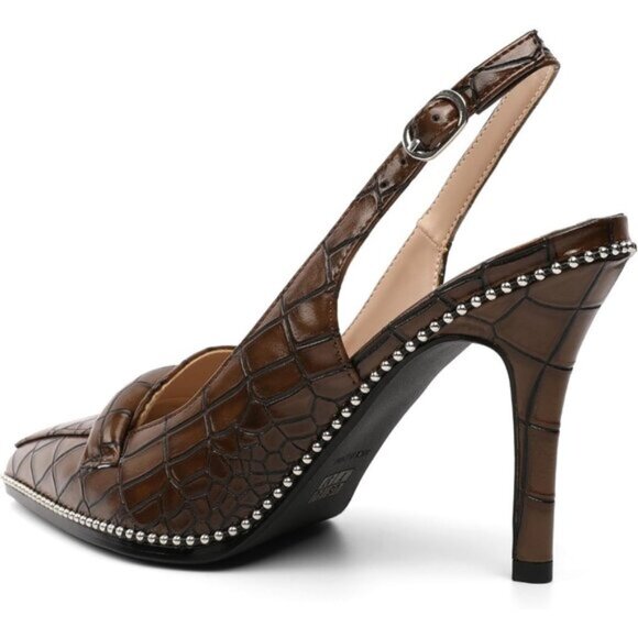Women Crocodile Brown Stiletto Beaded Pointed Toe Slip On Loafers Slingback Heel - Picture 6 of 7